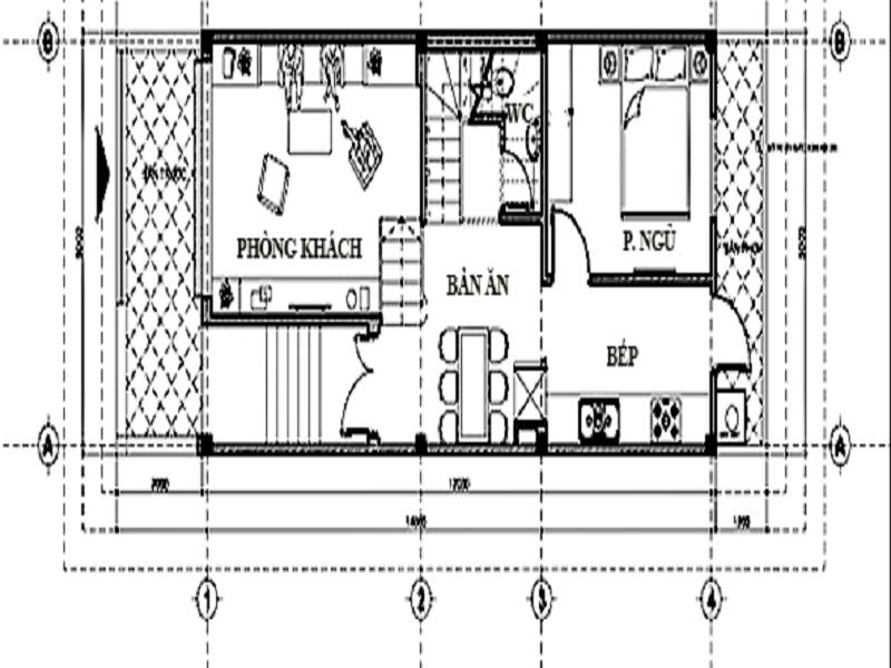 Mặt bằng tầng 2 nhà 60m2 có gara